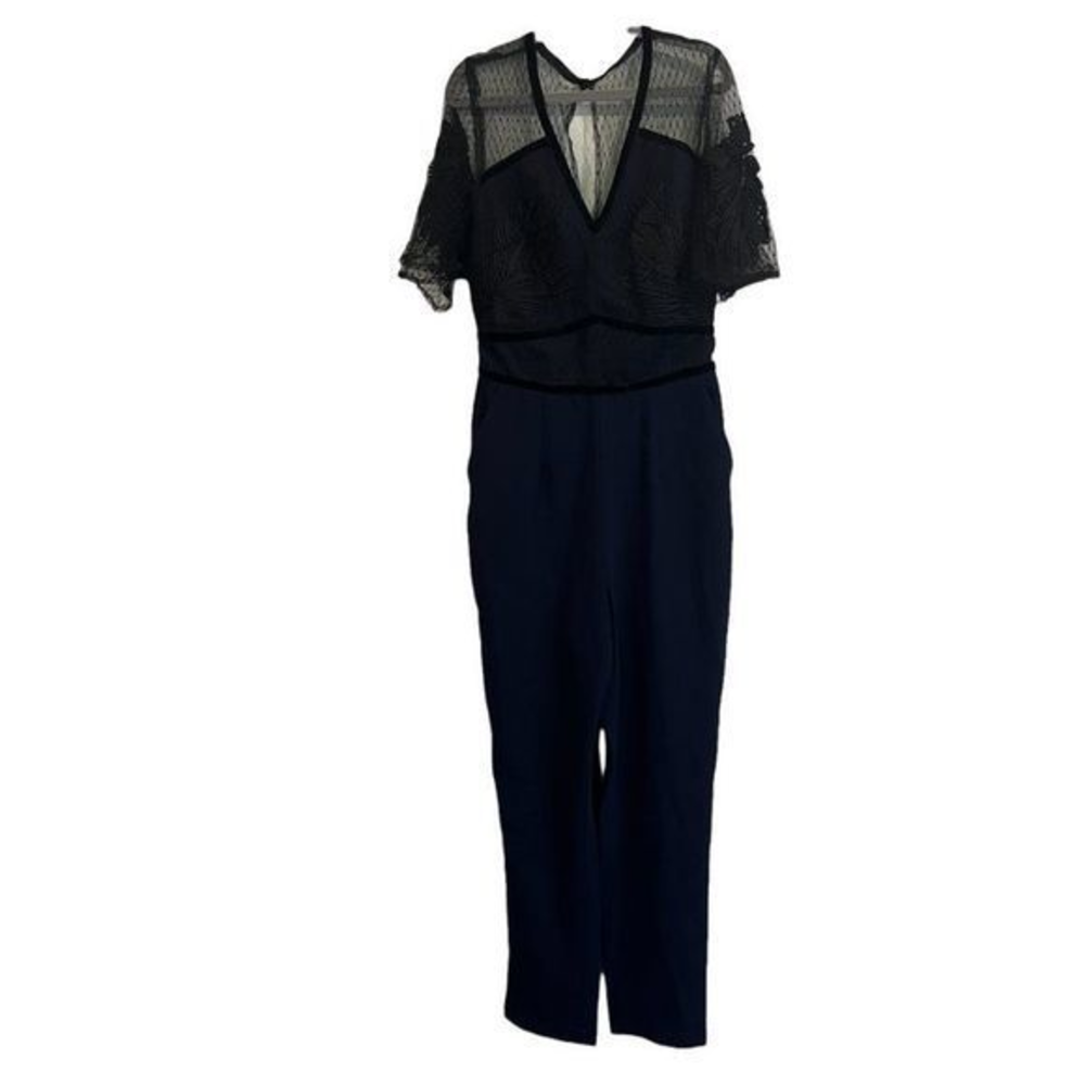 NWOT HARLYN Navy Blue Black Lace Short‎ Sleeve Jumpsuit (XS)